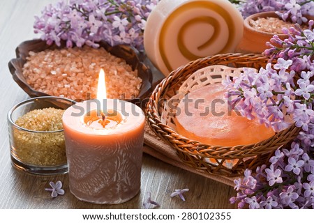 Aroma candle, sea salt, brown sugar, natural soap and lilac flower