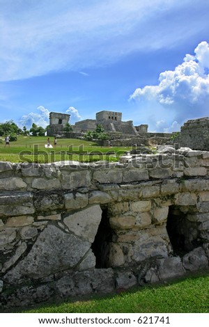 Main temple in Tulum Mexico as shot from lowere priests house.