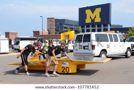 ANN ARBOR, MI - JULY 16: Western Michigan University\'s solar car at the American Solar Challenge stop July 16, 2012 in Ann Arbor, MI.