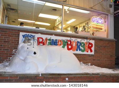ANN ARBOR, MI - FEB 8: Krazy Jim\'s Blimpy Burger, restaurant featured in many food shows, features one of its last snow bears on February 8, 2013 in Ann Arbor, MI.