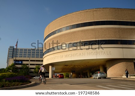 ANN ARBOR, MI - JUNE 3: University of Michigan hospital main entrance on June 3, 2014 in Ann Arbor, MI. U.S. News and World Report named it the best hospital in the state of Michigan.