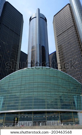 DETROIT, MI - JULY 6: The Renaissance Center, shown here from the river side in downtown Detroit on July 6, 2014, houses the world headquarters of General Motors.
