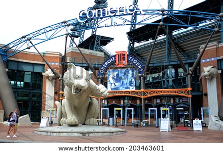 DETROIT, MI - JULY 6: Fans walk past entry of Comerica Park, home of the Detroit Tigers, on July 6, 2014. The Tigers lost to the Tampa Bay rays that night 7-3.