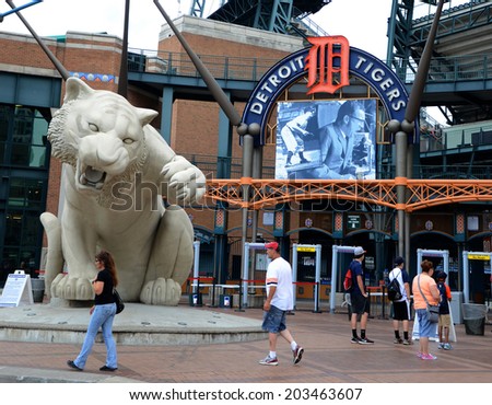 DETROIT, MI - JULY 6: Fans walk near the entry of Comerica Park, home of the Detroit Tigers, on July 6, 2014. The Tigers lost to the Tampa Bay rays that night 7-3.