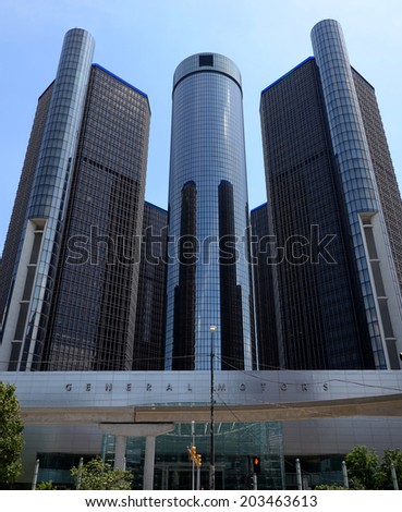 DETROIT, MI - JULY 6: The Renaissance Center, shown here from Jefferson Avenue in downtown Detroit on July 6, 2014, houses the world headquarters of General Motors.