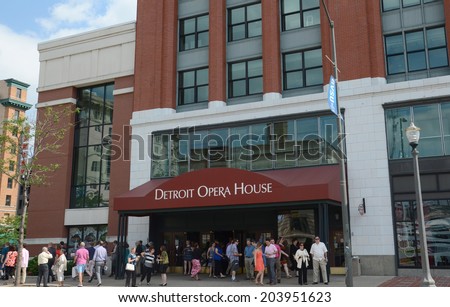 DETROIT, MI - JULY 6: Patrons exit a matinee performance at the Detroit Opera House in Detroit, MI on July 6, 2014. The Michigan Opera Theater is housed as the Opera House.