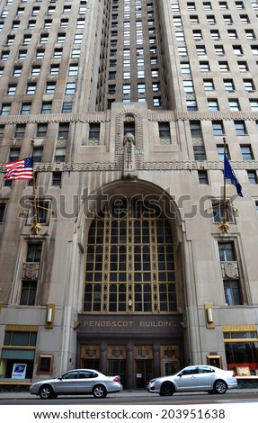 DETROIT, MI - JULY 6: The Greater Penobscot building in Detroit, MI, shown here on July 6, 2014, is a 1928 Art Deco skyscraper in the financial district.
