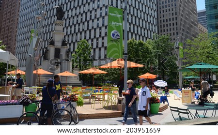 DETROIT, MI - JULY 6: People enjoying the revitalized Campus Martius park in Detroit, MI, on July 6, 2014.