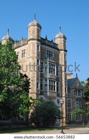 Vintage college dormitory, summer with blue sky