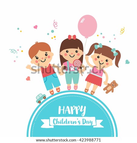 Happy children's day. Cartoon collection with sweet children on blue frame. Boys and girls character with toys. Teddy, balloon, candy, car. Perfect for invitations, banners and greeting cards.