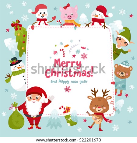 Merry Christmas greeting card. Happy New Year holidays! Frame with Santa, snowman, deer, gift, tree and cute animals. Illustration for kids, X-mas holidays. Place for your text.