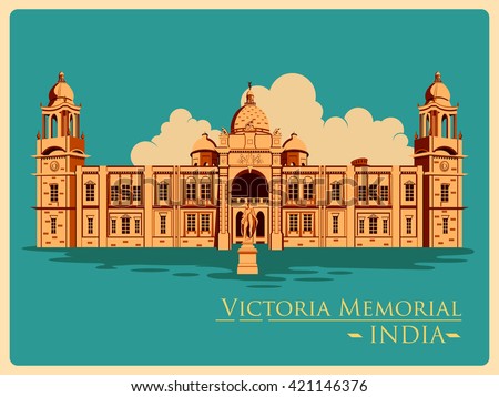 Vintage poster of Victoria Memorial in Kolkata, famous monument of India . Vector illustration