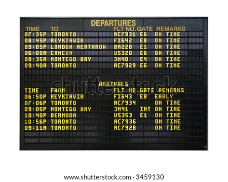 Airport board showing departures and arrivals to various cities isolated on white