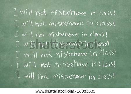 large XXL image of an old chalkboard with the sentence I will not misbehave in class written over and over again