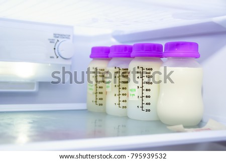 Breast Milk In The Bottle Inside Refrigerator  , Newborn Food Concept