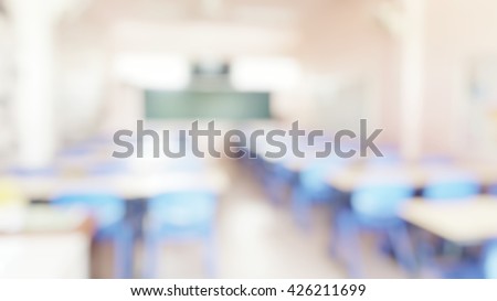 Abstract blurred background image of empty classroom without student after school; Blurry view of elementary room no kid or teacher with chairs and tables at school.Blur classroom in school.