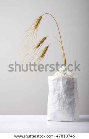 white flour in paper pack with wheat