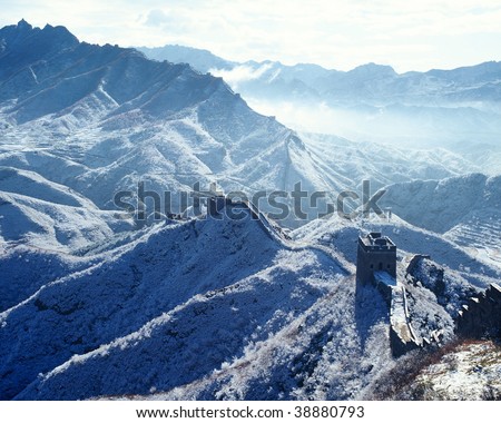 The Great Wall in winter covered with frost.