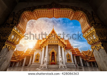 Landmark of Marble Temple of Bangkok during sunrise in the morning, Thailand.