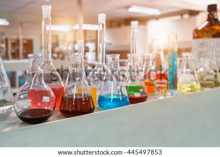 Chemical laboratory background. Chemical science for education during lecture. Laboratory concept with set of glassware in chemical lab.