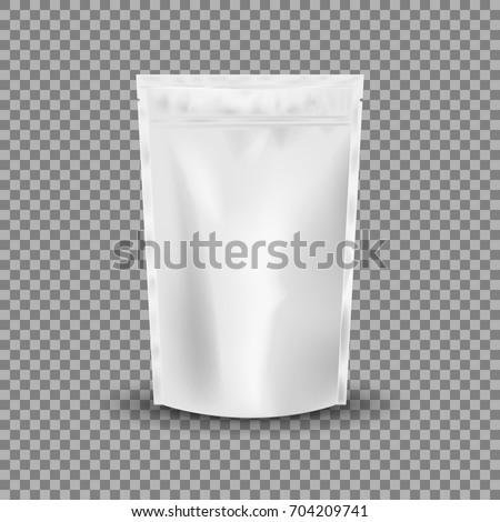 Blank Foil Food Or Drink Bag Packaging with valve and seal. Blank Foil plastic pouch coffee bag. Packaging template mockup collection. isolated on transparent background. Vector illustration. Eps 10.