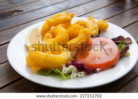 fried calamari rings on white plate with peace of tomato and salad leave. spanish specialited dish