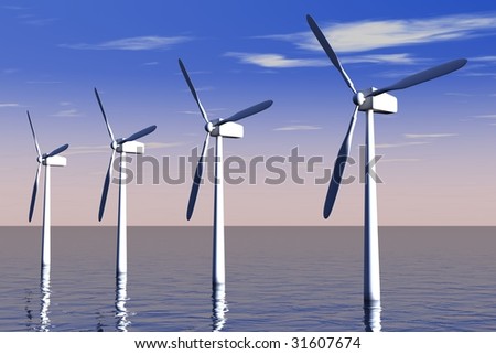 Wind turbine farm at sea with blue sky and white clouds