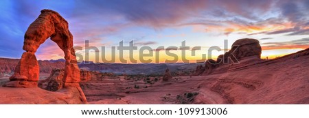 Sweeping Sunset Panoramic View Of Famous Delicate Arch In Arches National Park In Moab, Utah (Hdr)