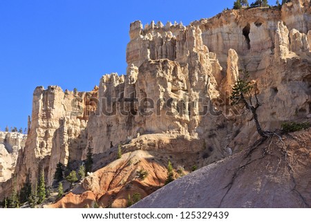 White hoodoo limestone cliffs remind one of a white castle at Bryce Canyon National Park, Utah