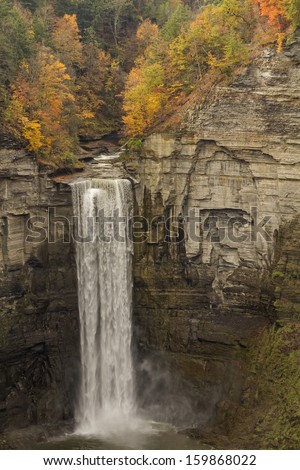 Colorful Autumn trees line the top of Taughannock Falls in Taughannock Falls State Park, NY