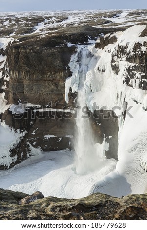 Haifoss, the second tallest waterfalls in Iceland, plunges 122m into a frozen gorge in central Iceland.