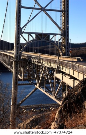 Closeup view of the structure of the Bear Mountain Bridge over the Hudson River (no traffic), New York