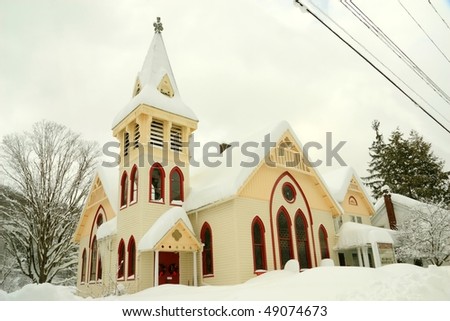 Community Church buried in feet of snow in a sleepy village in Catskills Mountains in Fleischmanns, New York