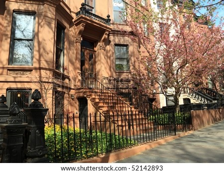 Brownstone apartment building on Berkeley Place in Spring in Park Slope, Brooklyn, New York
