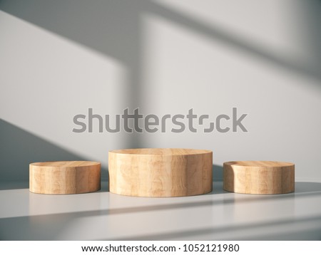 Wooden pedestal for display,Platform for design,Blank product stand with empty room.3D rendering.