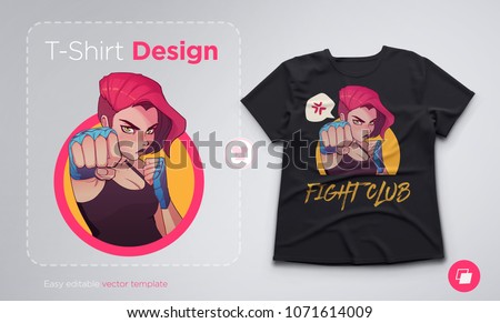 T-shirt design with angry boxing girl with blue boxing bandages, and red hair. Trendy anime style vector illustration