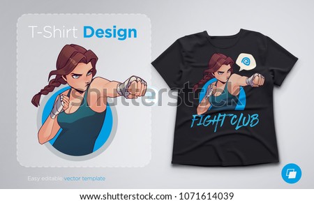 T-shirt design with angry boxing girl with boxing bandages. Trendy anime style vector illustration