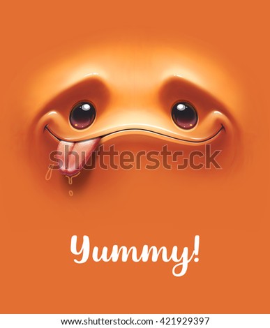 Emoticon background. Hungry expressive smiling cartoon face with tongue out on orange background. Vector illustration