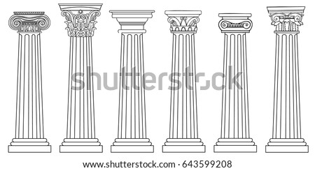 Stylized Greek columns. Doric. Ionic. Corinthian columns. Vector illustration. Black and white graphics.