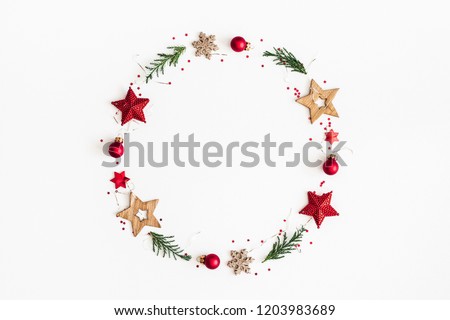 Christmas composition. Christmas wreath on white background. Flat lay, top view, copy space