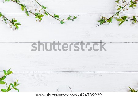Apple flowers on white wooden background. Frame of flowers. Flat lay, top view