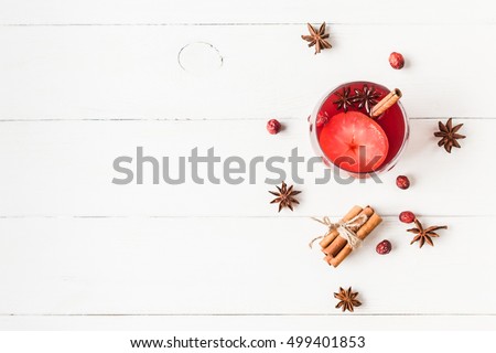 Christmas drink. Traditional mulled wine with spices. Christmas composition. Flat lay, top view