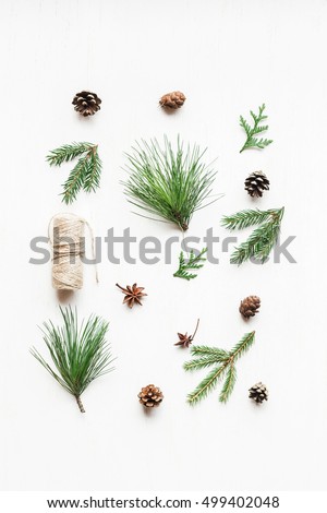 Christmas composition with pine cones, fir branches. Christmas pattern. Top view, flat lay