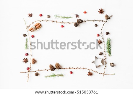 Christmas composition. Larch branches, cinnamon sticks, anise star, dried cranberry. Christmas frame. Flat lay, top view