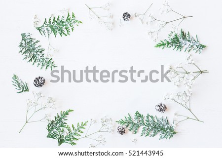 Winter frame made of pine cones, thuja branches and gypsophila flowers. Winter composition. Top view, flat lay