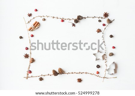 Christmas composition. Larch branches, cinnamon sticks, anise star, dried cranberry. Christmas frame. Flat lay, top view