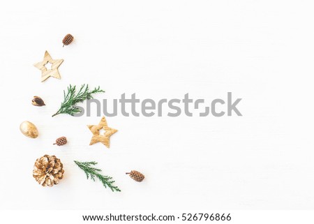 Christmas composition. Christmas decoration, cypress branches, pine cones. Flat lay, top view