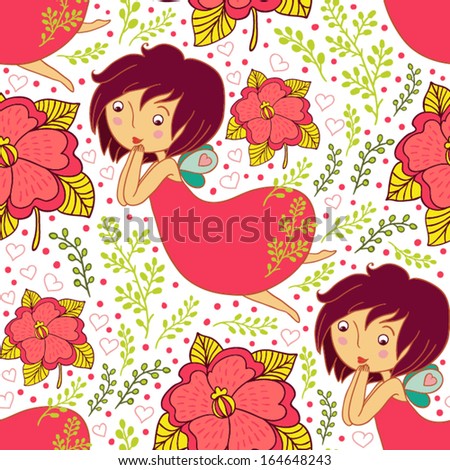 cute fairy and flowers white seamless pattern