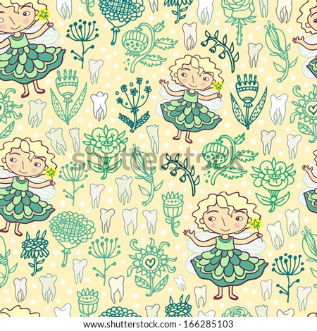tooth fairy and flowers yellow seamless pattern