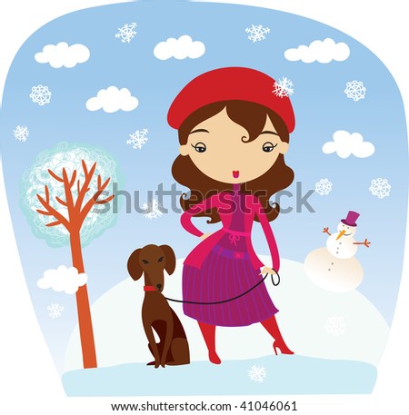 Cartoon Girl Walking A Dog. stock vector : Girl walking